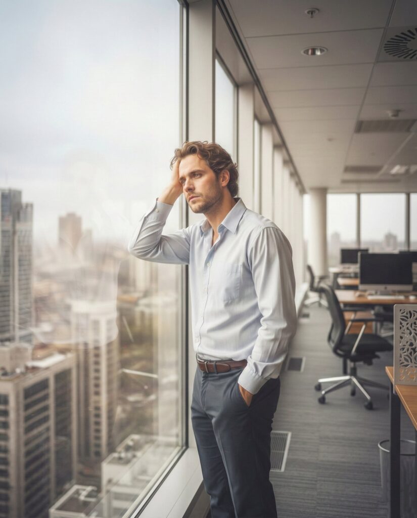 Mann steht nachdenklich am Bürofenster und fasst sich an die Stirn